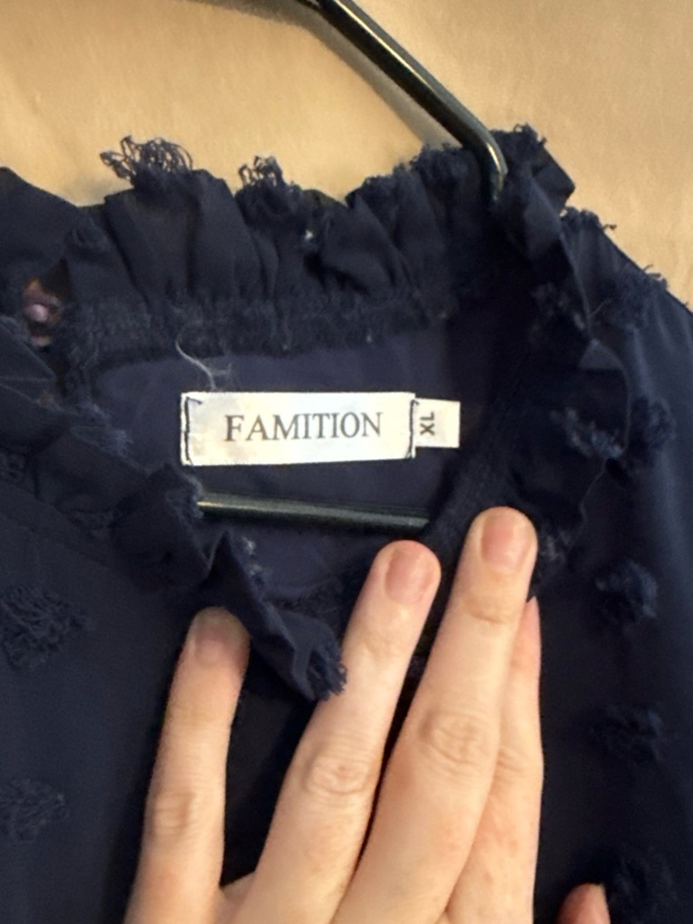Amazon Navy Frayed Ruffle Neck Blouse
